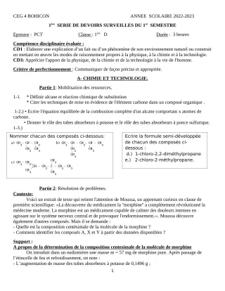 Première page de PCT 1ère D, Tle D — 1er devoir surveillé, 1er semestre (2022-2023) · CEG 4 Bohicon