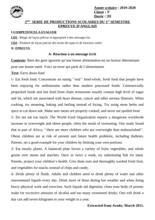 Première page de Anglais 6e, 5e, 4e, 4e ML, 4e ML&MC, 3e, 3e ML — 2e production scolaire, 1er semestre (2019-2020) · CEG II EKPE