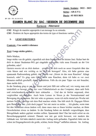 Première page de Bac 2026 – Allemand LV1 Séries AB, Bac blanc décembre 2025 (compréhension, grammaire et production écrite)