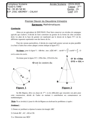 Première page de Mathématiques 3e, 3e ML — 1er devoir surveillé, 2e trimestre (2019-2020) · CPEG GOD'S TIME
