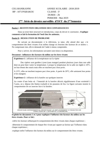 Première page de SVT 5e — 2e devoir surveillé, 2e semestre (2018-2019) · CEG Banikanni