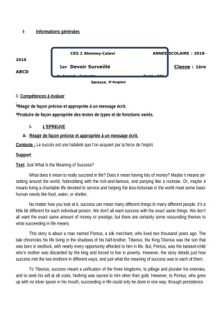 Première page de Anglais 1ère A1, 1ère A2, 1ère B, 1ère C, 1ère D — 1er devoir surveillé, 2e semestre (2018-2019) · CEG2 ABOMEY - CALAVI (CEG ZOCA)