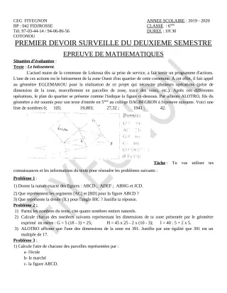 Première page de Mathématiques 6e — 1er devoir surveillé, 2e semestre (2019-2020) · CEG FIYEGNON