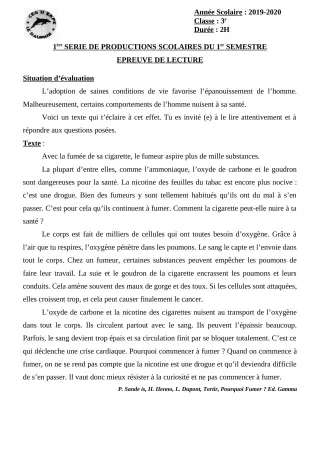 Première page de Français 6e, 5e, 4e, 4e ML, 4e ML&MC, 3e, 3e ML — 1re production scolaire, 1er semestre (2019-2020) · CEG II EKPE