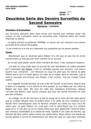 Première page de Français 6e, 5e, 4e ML&MC, 3e, 3e ML, 2nde A & B, 2nde C, 2nde D, 1ère A, 1ère B, 1ère C, 1ère D — 2e devoir surveillé, 2e semestre (2019-2020) · CEG Agassa Godomey