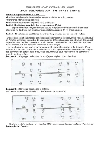 Première page de SVT Tle A1, Tle A2, Tle B — Devoir surveillé (2019-2020) · CPEG Roger LAFIA
