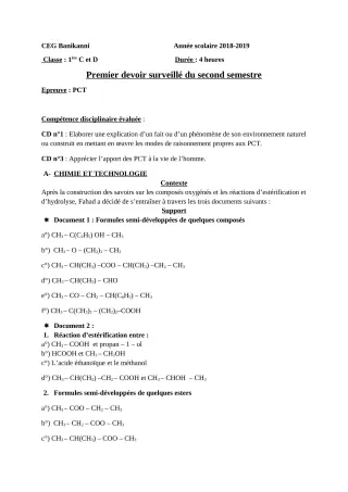 Première page de PCT 1ère D — 1er devoir surveillé, 2e semestre (2018-2019) · CEG Banikanni