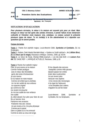 Première page de Français 1ère B — 1re évaluation sommative, 2e semestre (2021-2022) · CEG2 ABOMEY - CALAVI (CEG ZOCA)