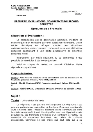 Première page de Français Tle A1, Tle A2, Tle B, Tle C, Tle D — 1re évaluation sommative, 2e semestre (2019-2020) · CEG Akassato