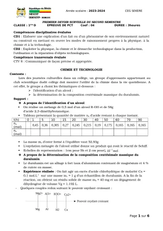 Première page de PCT 1ère D — Devoir surveillé, 2e semestre (2023-2024) · CEG SEKERE