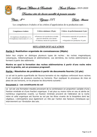 Première page de SVT 4e — 2e devoir surveillé, 1er semestre (2019-2020) · PMB
