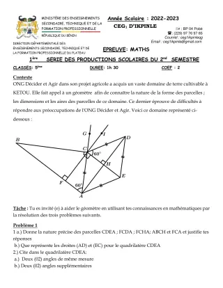 Première page de Mathématiques 5e — Production scolaire, 2e semestre (2022-2023) · CEG1 Ikpinlè