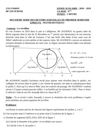 Première page de Mathématiques 6e — 2e devoir surveillé, 1er semestre (2018-2019) · CEG PAHOU