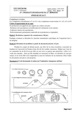 Première page de SVT 3e, 3e ML — Devoir surveillé, 2e semestre (2018-2019) · CEG OKEDAMA