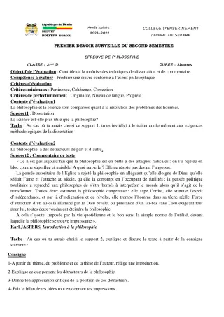 Première page de Philosophie 2nde D — 1er devoir surveillé, 2e semestre (2021-2022) · CEG SEKERE