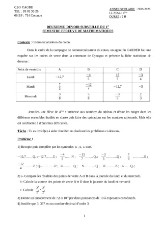 Première page de Mathématiques 4e — 2e devoir surveillé, 1er semestre (2019-2020) · CEG Yagbe