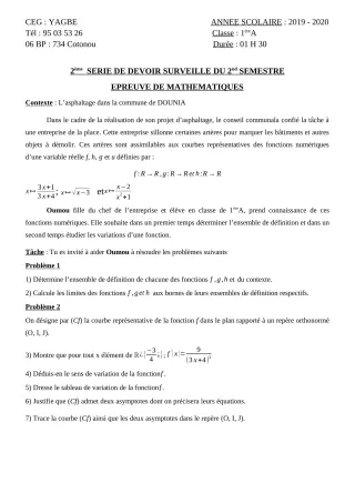 Première page de Mathématiques 1ère A2 — 2e devoir surveillé, 2e semestre (2019-2020) · CEG Yagbe