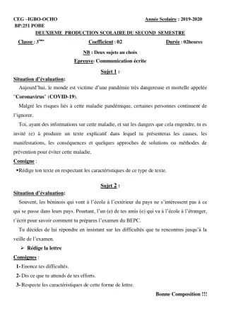 Première page de Français 3e — 2e production scolaire, 2e semestre (2019-2020) · CEG Igbo-ocho