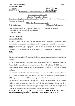 Première page de Histoire-Géographie 1ère A1, 1ère A2, 1ère B — 1er devoir surveillé, 1er trimestre (2019-2020) · CEG Kouhounou-Vêdoko