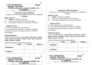 Première page de Histoire-Géographie 6e, 5e, 4e, 4e ML, 3e, 3e ML — 1er devoir surveillé, 1er semestre (2019-2020) · CEG BADEKPAROU