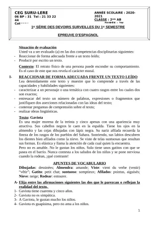 Première page de Espagnol 2nde A1, 2nde A2, 2nde B — 1er devoir surveillé, 1er semestre (2020-2021) · CEG SURU-LERE