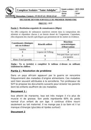 Première page de SVT 4e, 4e ML — 2e devoir surveillé, 1er trimestre (2019-2020) · CPEG Saint Adolphe