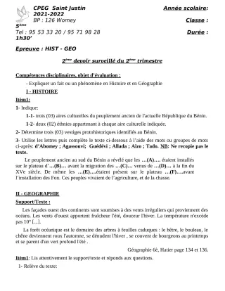Première page de Histoire-Géographie 5e, 4e — 2e devoir surveillé, 2e trimestre (2021-2022) · CPEG SAINT Justin