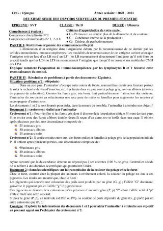 Première page de SVT Tle D — 2e devoir surveillé, 1er semestre (2020-2021) · CEG 2 Djougou