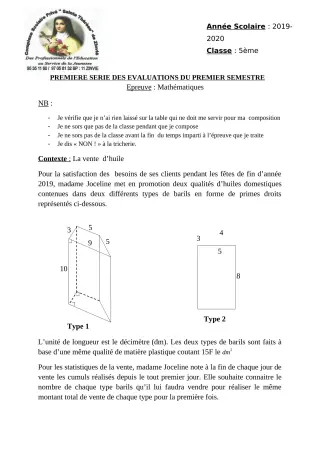 Première page de Mathématiques 5e — Composition, 1er semestre (2019-2020) · CPEG Ste Thérèse de Zinvié