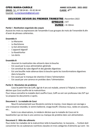 Première page de SVT 6e — 2e devoir surveillé, 1er trimestre (2022-2023) · CPEG MARIA-CAROLE