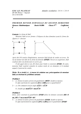 Première page de Mathématiques 5e — 1er devoir surveillé, 2e semestre (2018-2019) · CEG Le Plateau