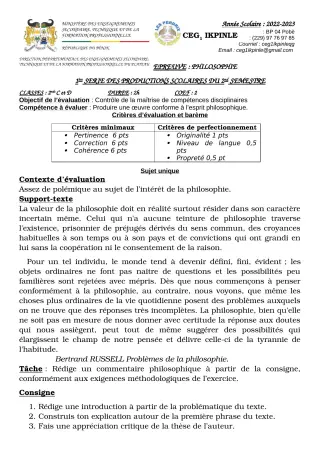 Première page de Philosophie 2nde C, 2nde D — 1re production scolaire, 2e semestre (2022-2023) · CEG1 Ikpinlè