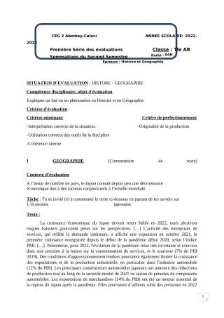 Première page de Histoire-Géographie Tle A1 — 1re évaluation sommative, 2e semestre (2022-2023) · CEG2 ABOMEY - CALAVI (CEG ZOCA)