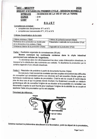 Première page de Épreuve de Sciences de la Vie et de la Terre – BEPC 2025 – Bénin