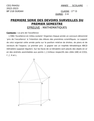 Première page de Mathématiques 1ère D — 1er devoir surveillé, 1er semestre (2022-2023) · CEG PAHOU