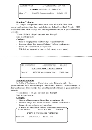 Première page de Français 6e — 1er devoir surveillé, 1er semestre (2018-2019) · CEG SONNOUMON