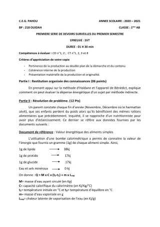 Première page de SVT 1ère A1, 1ère A2, 1ère B — 1er devoir surveillé, 1er semestre (2020-2021) · CEG PAHOU