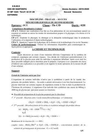 Première page de PCT Tle C, Tle D — 1er devoir surveillé, 2e semestre (2019-2020) · CEG Dantokpa