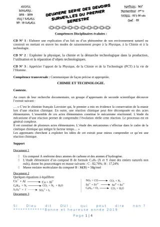 Première page de Devoir surveillé de PCT — 2nde D — CEG1 Kalalé (2018)