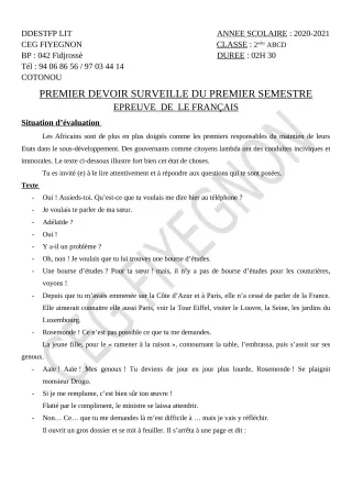 Première page de Français 2nde A2, 2nde B, 2nde C, 2nde D — 1er devoir surveillé, 1er semestre (2020-2021) · CEG FIYEGNON