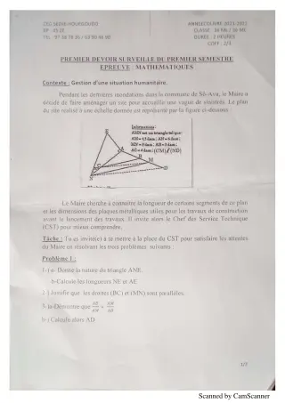 Première page de Devoir surveillé de MATHS GENE — 3e — CEG Sèdjè-Houègoudo (2022)