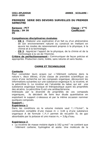 Première page de PCT 6e, 5e, 4e, 3e, 2nde C, 2nde D, 1ère C, 1ère D, Tle C, Tle D — 1er devoir surveillé, 1er semestre (2019-2020) · CEG1 APLAHOUE