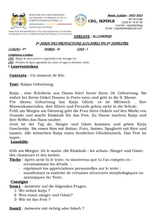 Première page de Allemand 4e — 1re production scolaire, 2e semestre (2022-2023) · CEG1 Ikpinlè