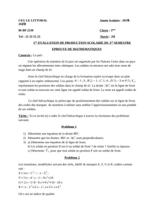 Première page de Mathématiques 3e — 1re production scolaire, 2e semestre (2019-2020) · CEG Le Littoral