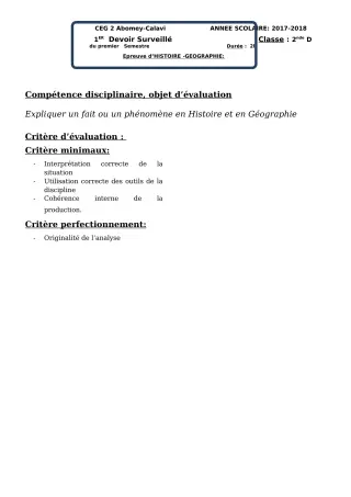 Première page de Histoire-Géographie 2nde C, 2nde D — 1er devoir surveillé, 1er semestre (2018-2019) · CEG2 ABOMEY - CALAVI (CEG ZOCA)