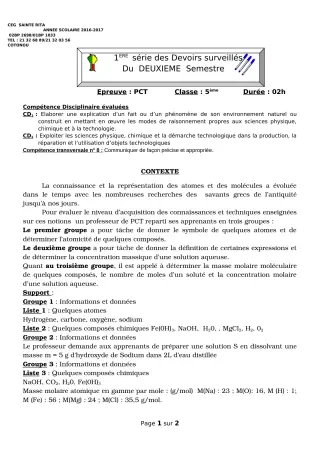 Première page de PCT 5e — 1er devoir surveillé, 2e semestre (2018-2019) · CEG Sainte Rita