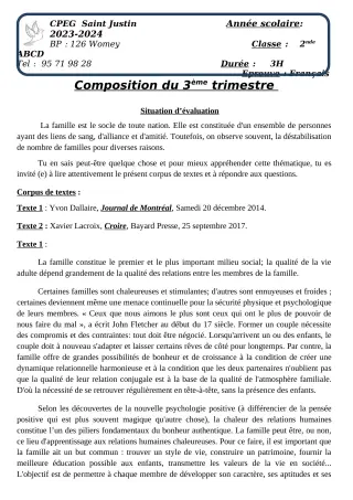 Première page de Français 6e, 2nde A2, 2nde B, 2nde C, 2nde D — Composition, 3e trimestre (2023-2024) · CPEG SAINT Justin