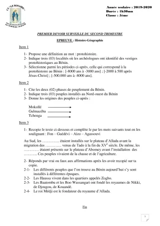 Première page de Histoire-Géographie 5e — 1er devoir surveillé, 2e trimestre (2019-2020) · CPEG ROSAIRE