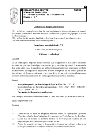 Première page de PCT 4e — 2e devoir surveillé, 1er semestre (2019-2020) · CEG 1 Akpakpa-Centre
