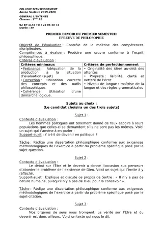 Première page de Philosophie 1ère A2, 1ère B — 1er devoir surveillé, 1er semestre (2019-2020) · CEG L'Entente